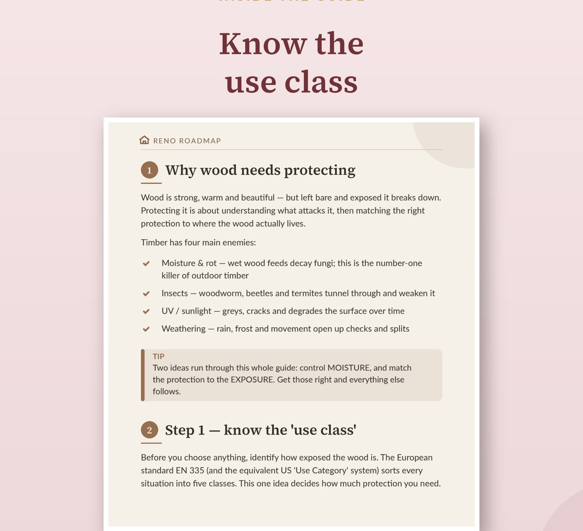 All fourteen pages of the wood treatment guide laid out